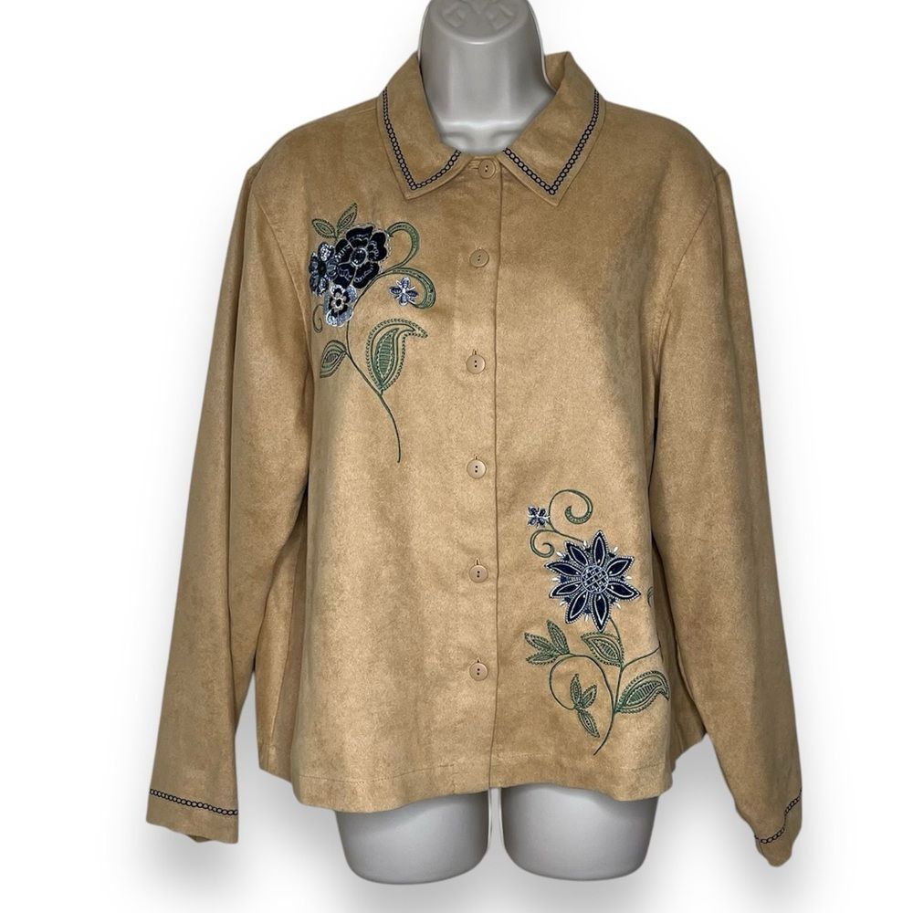 Bechamel Faux Suede Embroidered Camel Jacket Top Shacket Long Sleeve Women Large